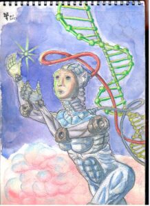 android_genesis Androide féminin prenant une étincelle au creux de ses mains avec en fond une hélice adn.