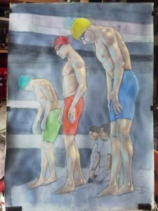 aquarelle et techniques mixtes.- nageurs participant aux JO Paris 2024. étape intermédiare