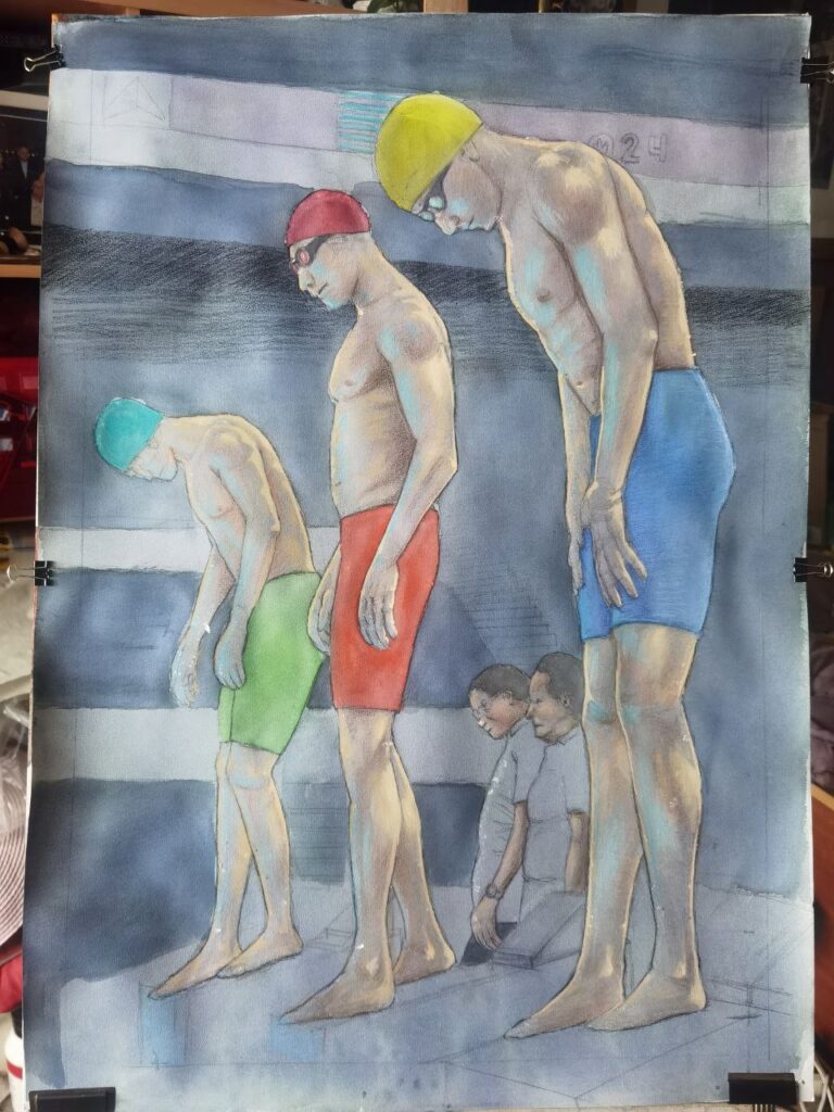 aquarelle et techniques mixtes.- nageurs participant aux JO Paris 2024. étape intermédiare