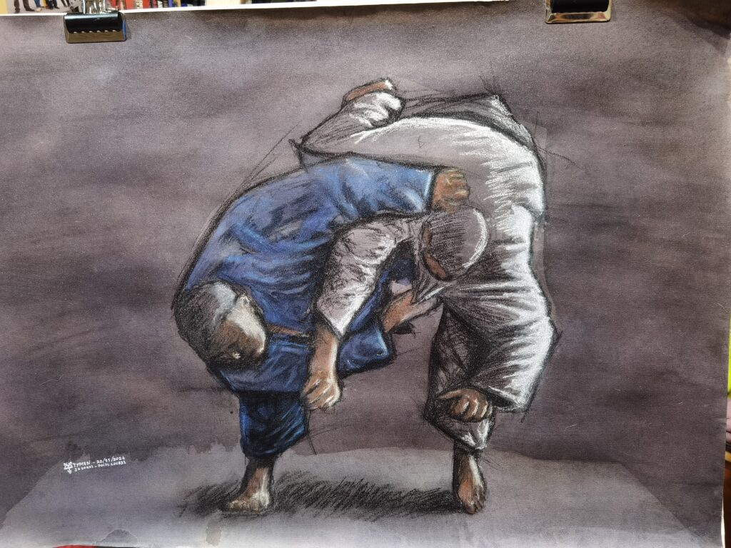 Inspiré d'un combat de judo à Paris 2024 entre le Japon et Cuba. L’œuvre capture l’instant précis de l'Ippon décisif de Tatsuru Saito