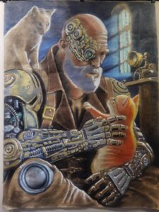 Explorez Grizzly & Chatons en Pauses, une œuvre steampunk mêlant force et tendresse. Dessin au fusain et pastel sur papier kraft (70x100 cm), mettant en scène un personnage mécanique et mélancolique.