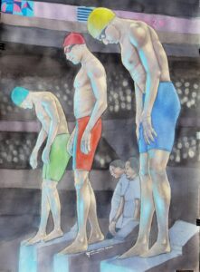 aquarelle et techniques mixtes.- nageurs participant aux JO Paris 2024. étape finale