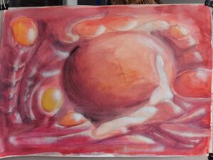 Un paysage organique abstrait dans les tons rouges, explorant les formes et couleurs naturelles, réalisé avec une technique fluide et texturée qui invite à l'introspection. Format : A3 - Paysage Techniques : Aquarelle, gouache Support : Papier Temps passé : 3 heures