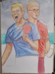 Les Frères Lunettes. Une composition sur les frères Lebrun en pleine célébration, capturés dans une scène vive et émotive. Format : A2 - Paysage Techniques : Aquarelle, sanguine Support : Papier Temps passé : 5 heures