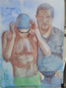 Un nageur de Paris 2024 ajuste ses lunettes avant le départ sous l’œil de son juge de ligne. Format : A3 - Portrait Techniques : Aquarelle Support : Papier Temps passé : 3 heures