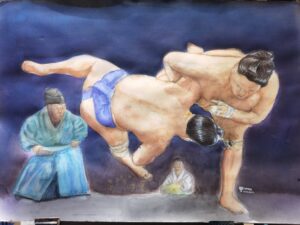 "Sumo volant" capture l’intensité d’un combat de sumo au Budokan, sous l’œil vigilant du juge. L’un des combattants est projeté dans les airs dans une chorégraphie magistrale qui souligne l’agilité et la force brute de ces athlètes légendaires.