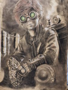 Un portrait steampunk représentant un jeune garçon équipé d’un jetpack, explorant l’équilibre entre l’imaginaire enfantin et la nostalgie des univers rétrofuturistes. Style : Minimaliste avec des tonalités industrielles Ambiance : Une œuvre captivante et intrigante, mêlant la puissance mécanique du steampunk à la créativité rêveuse de l’enfance.