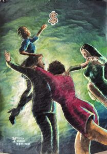 Format : A2 - Portrait (42 x 59,4 cm) Techniques : Aquarelle, encre et rehauts de pastel Support : Papier kraft "In $ We Trust – Étude 1" est une réflexion percutante sur la société contemporaine et ce que les individus sont prêts à sacrifier pour obtenir l’argent, le succès ou un emploi.