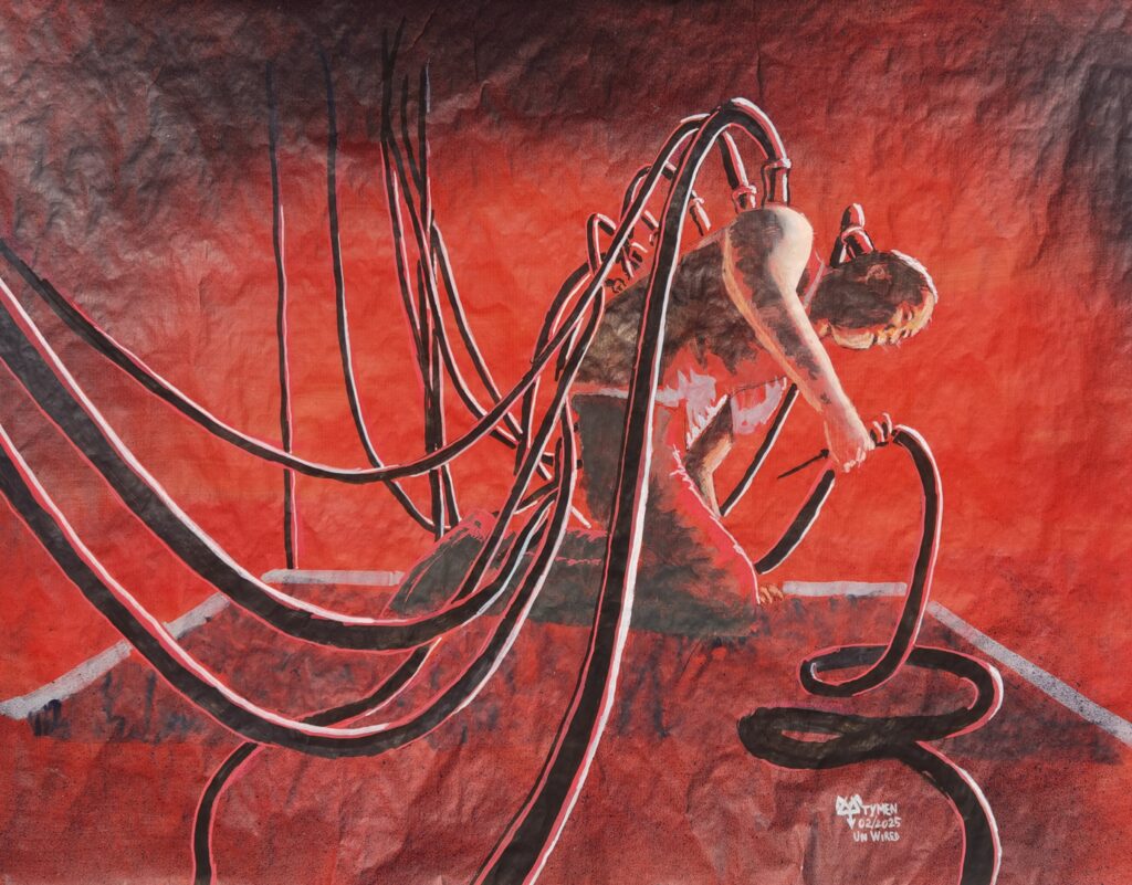 Titre : Unwired – The Illusion of Disconnection. Technique : Acrylique sur papier Dimensions : 80cm de large sur 60 de haut. Année : 2025 L'œuvre "Unwired" représente une scène où la connexion au monde numérique semble avoir été rompue. Les textures brutes et les contrastes marqués traduisent l'opposition entre l’organique et l’artificiel, entre le libre arbitre et la dictature technologique. La composition se caractérise par un jeu de lumières et d’ombres, accentuant une impression de flottement, de tension, comme si l’individu représenté était en transition entre deux réalités. L’utilisation de l’acrylique sur papier crée des effets de matière évoquant à la fois l’usure et la résistance, symbolisant le combat contre l’asservissement numérique. L’interprétation reste ouverte : cette déconnexion est-elle une délivrance ou une mise à l’écart forcée par un système omniprésent ? 🖼 Œuvre disponible à la vente, accompagnée d’un certificat d’authenticité.